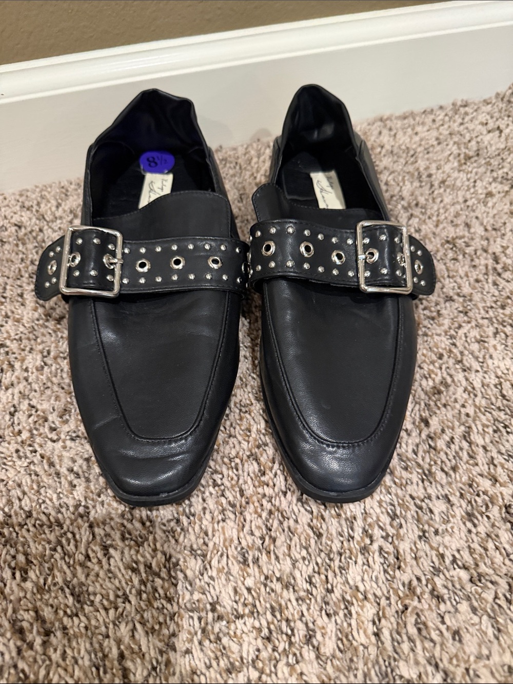 Vintage Havana Black Leather Loafers with Studded Buckle